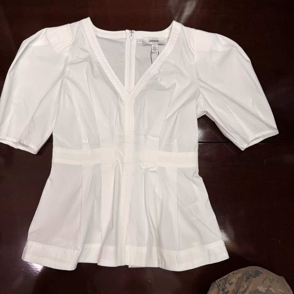 Jason Wu White Puff Sleeve Peplum Blouse V-Neck Cotton Poplin Top Size S NEW